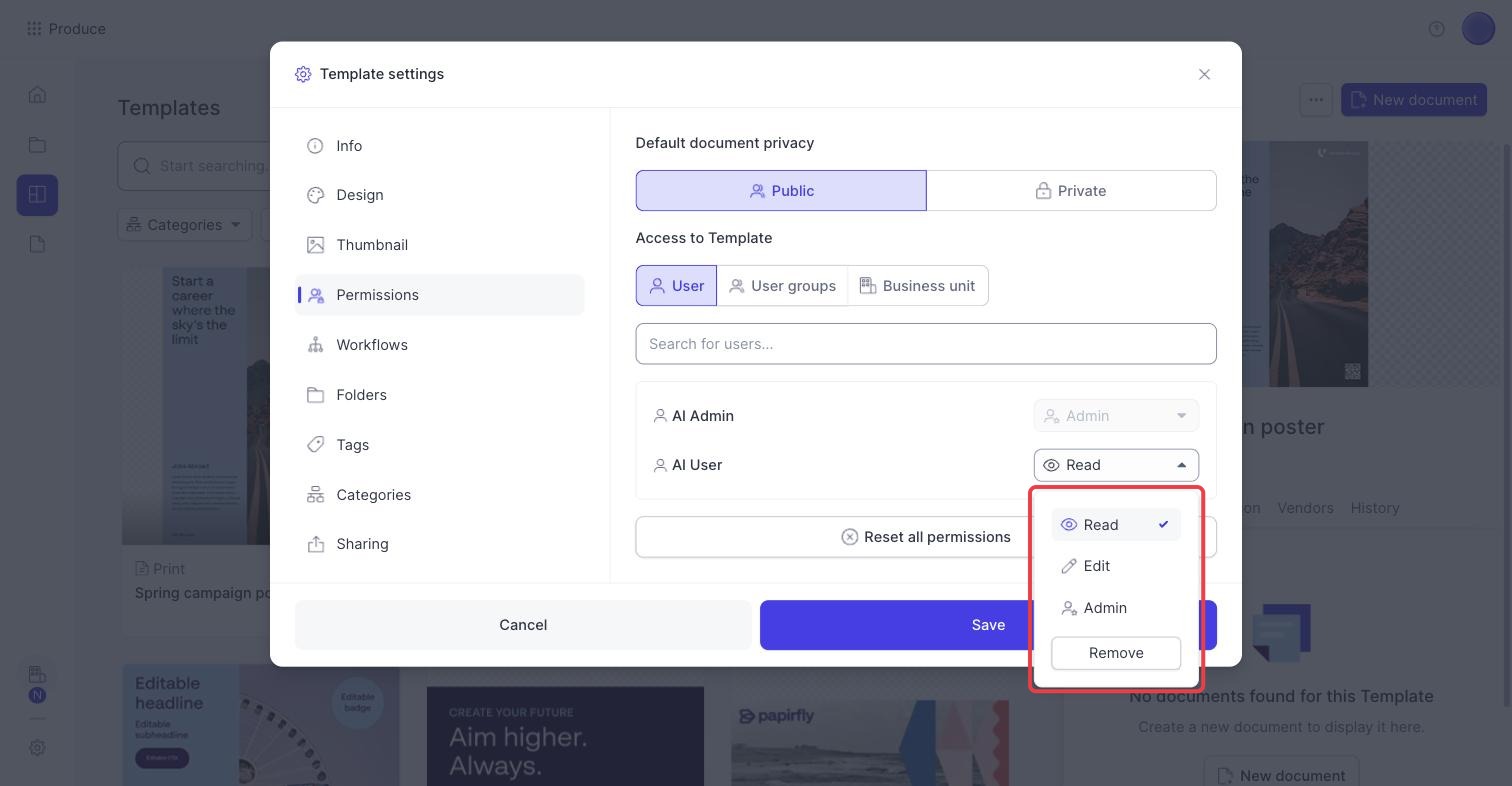 Access level list open next to a user, with Read, Edit, Admin and Remove