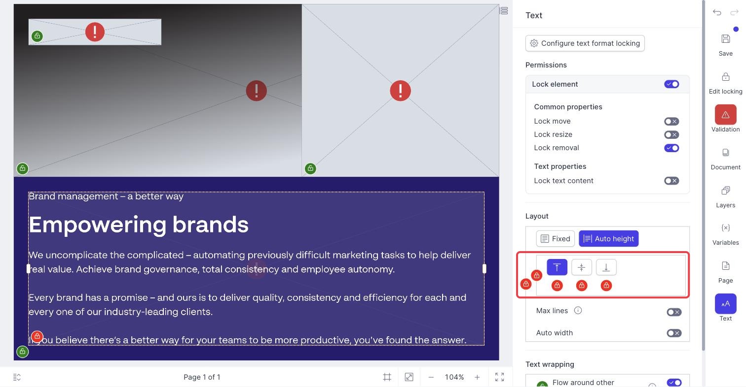 Layout settings with a group of controls locked, all lock icons red