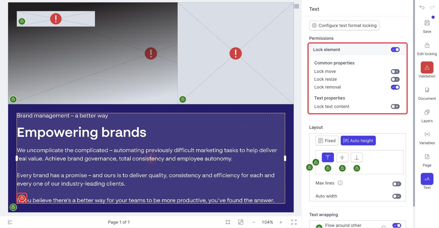 Text element with a red lock icon and the Permissions settings on the right
