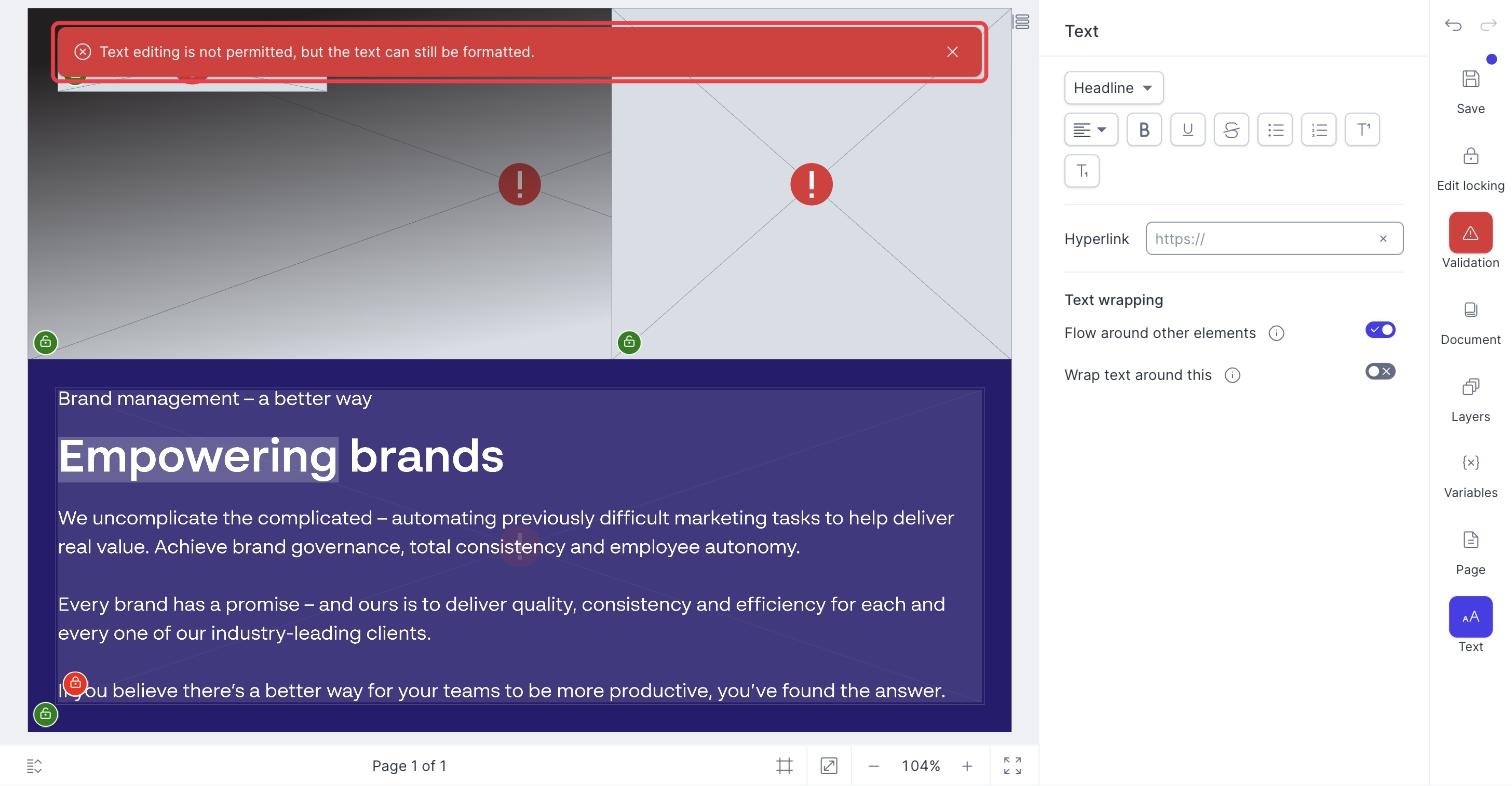 Content creator view with the message Text editing is not permitted, but the text can still be formatted