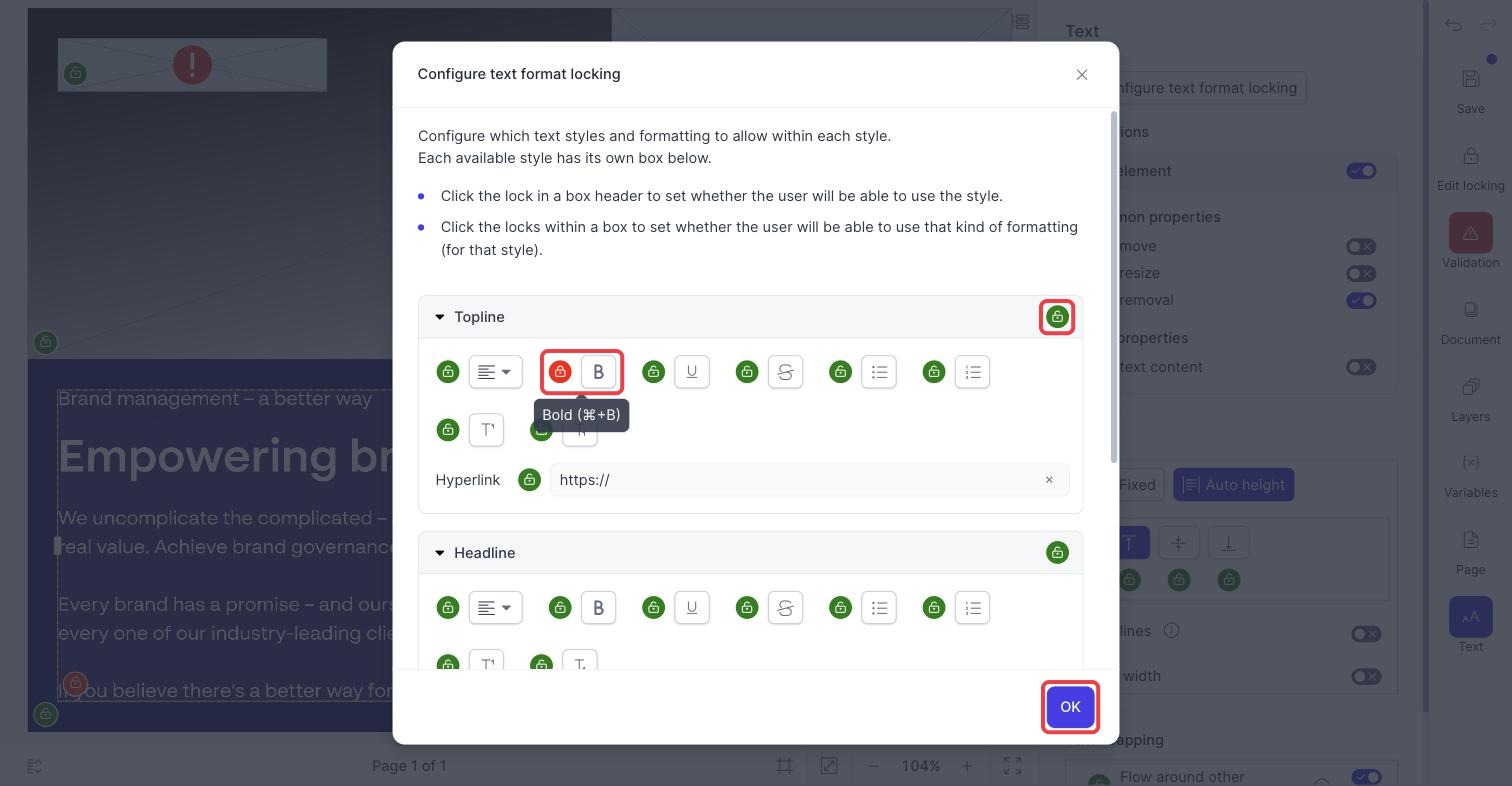 Configure text format locking window with the Topline style lock, a locked Bold option and the OK button highlighted