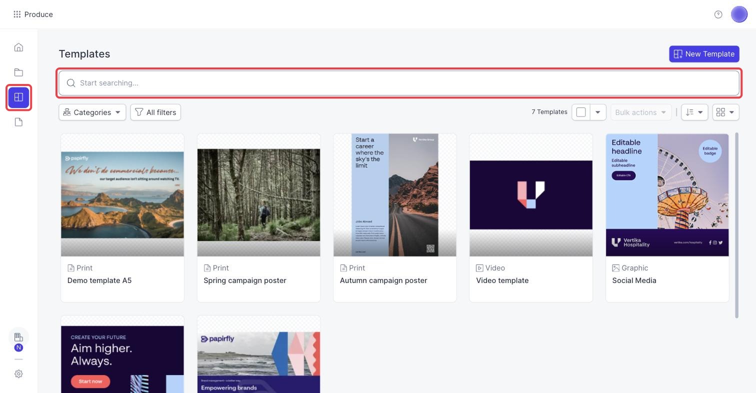The Templates page in Produce, with the Templates menu item and the search box