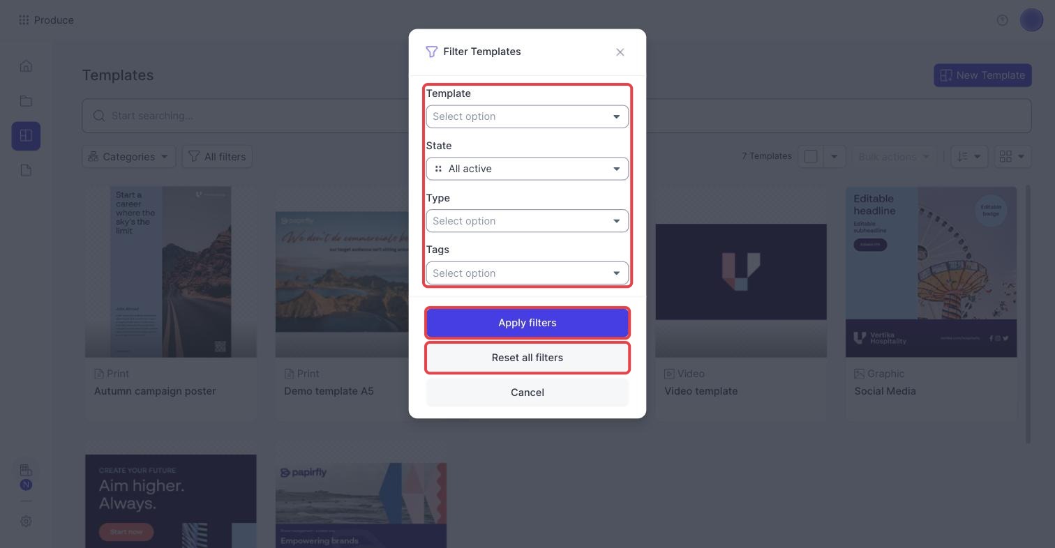 The Filter Templates dialog with Apply filters and Reset all filters
