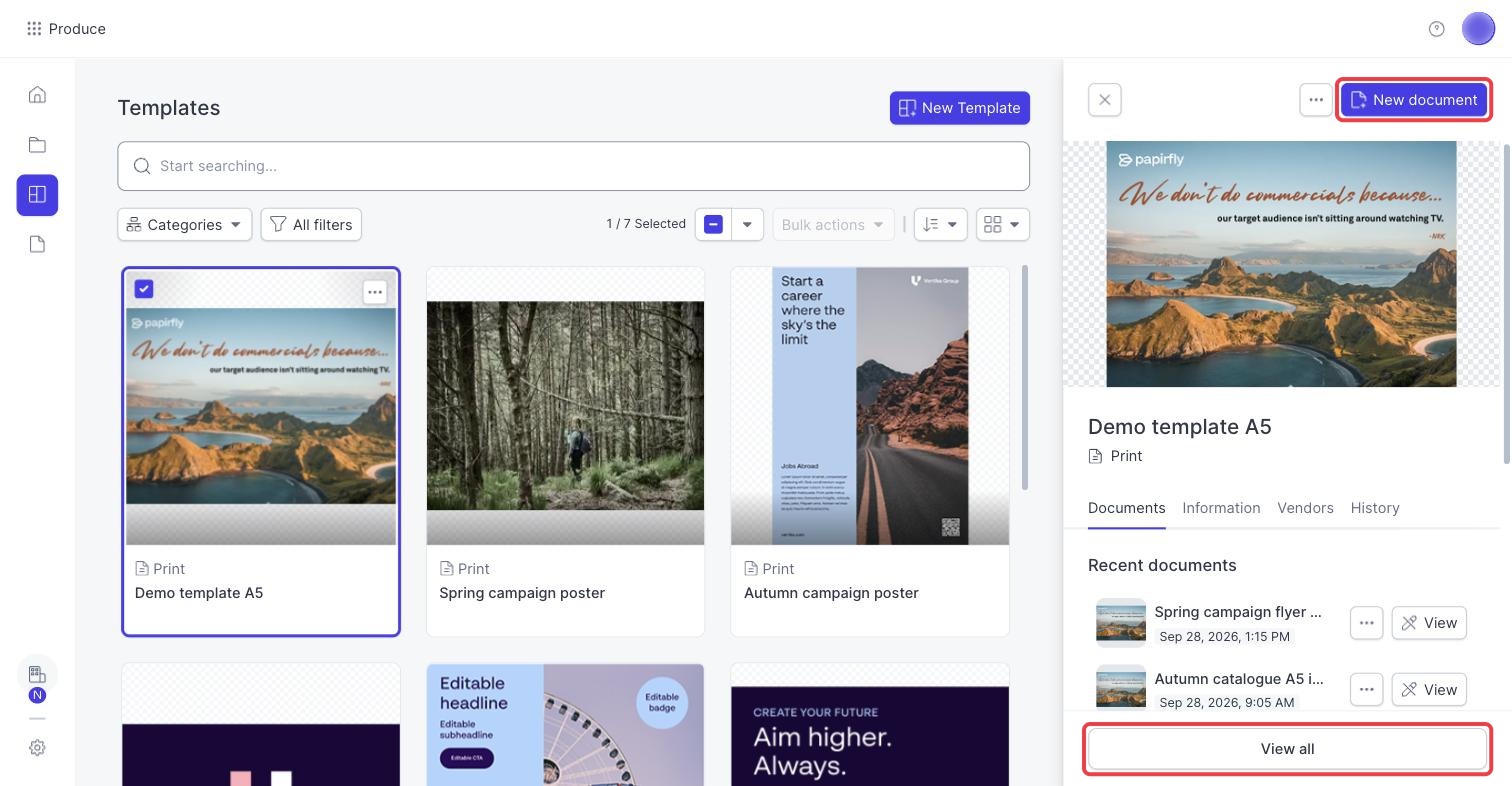 The details panel of a template, with New document and View all
