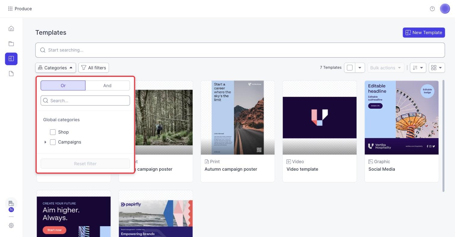 The Categories filter open on the Templates page
