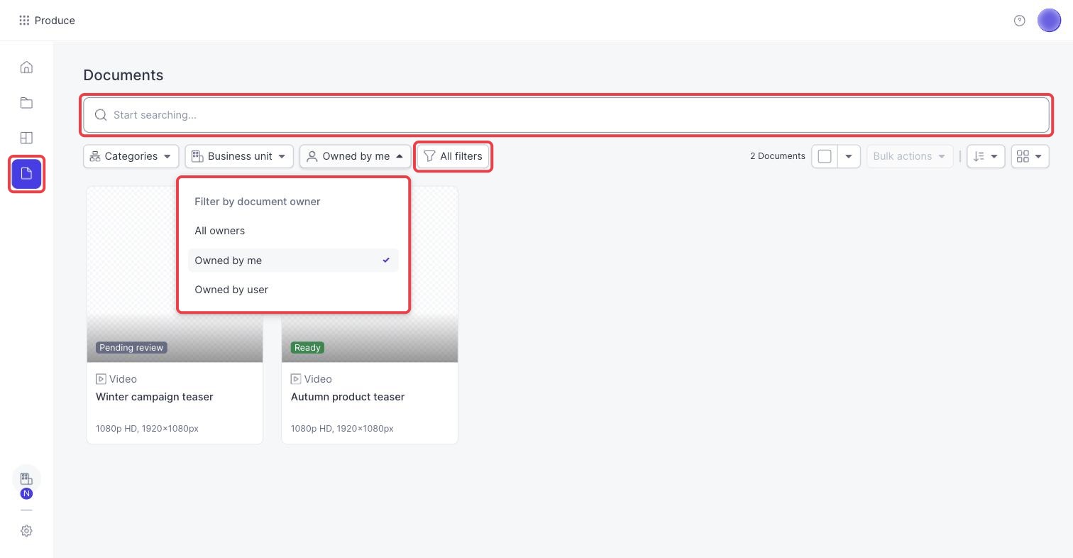 The owner filter open on the Documents page, next to All filters