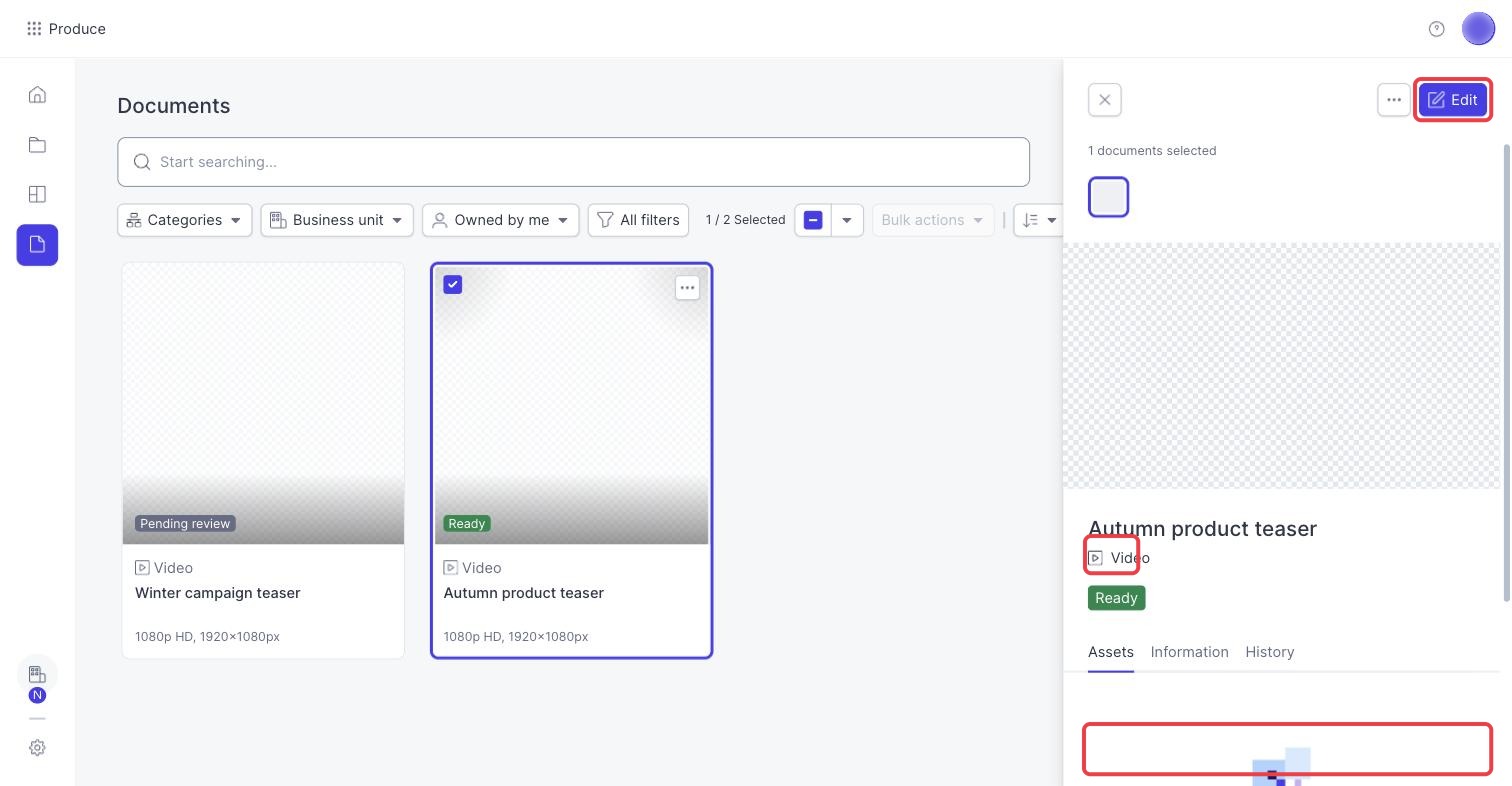 The details panel of a document, with Edit, the Assets tab and Download all