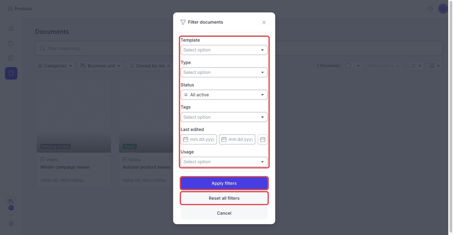 The Filter documents dialog with Apply filters and Reset all filters