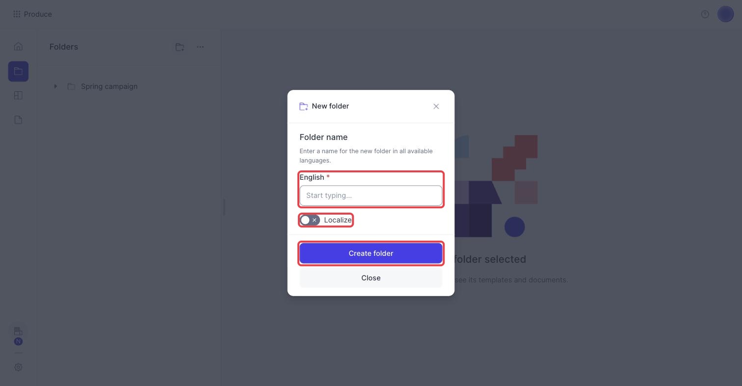 The New folder dialog with the English name field, Localize and Create folder