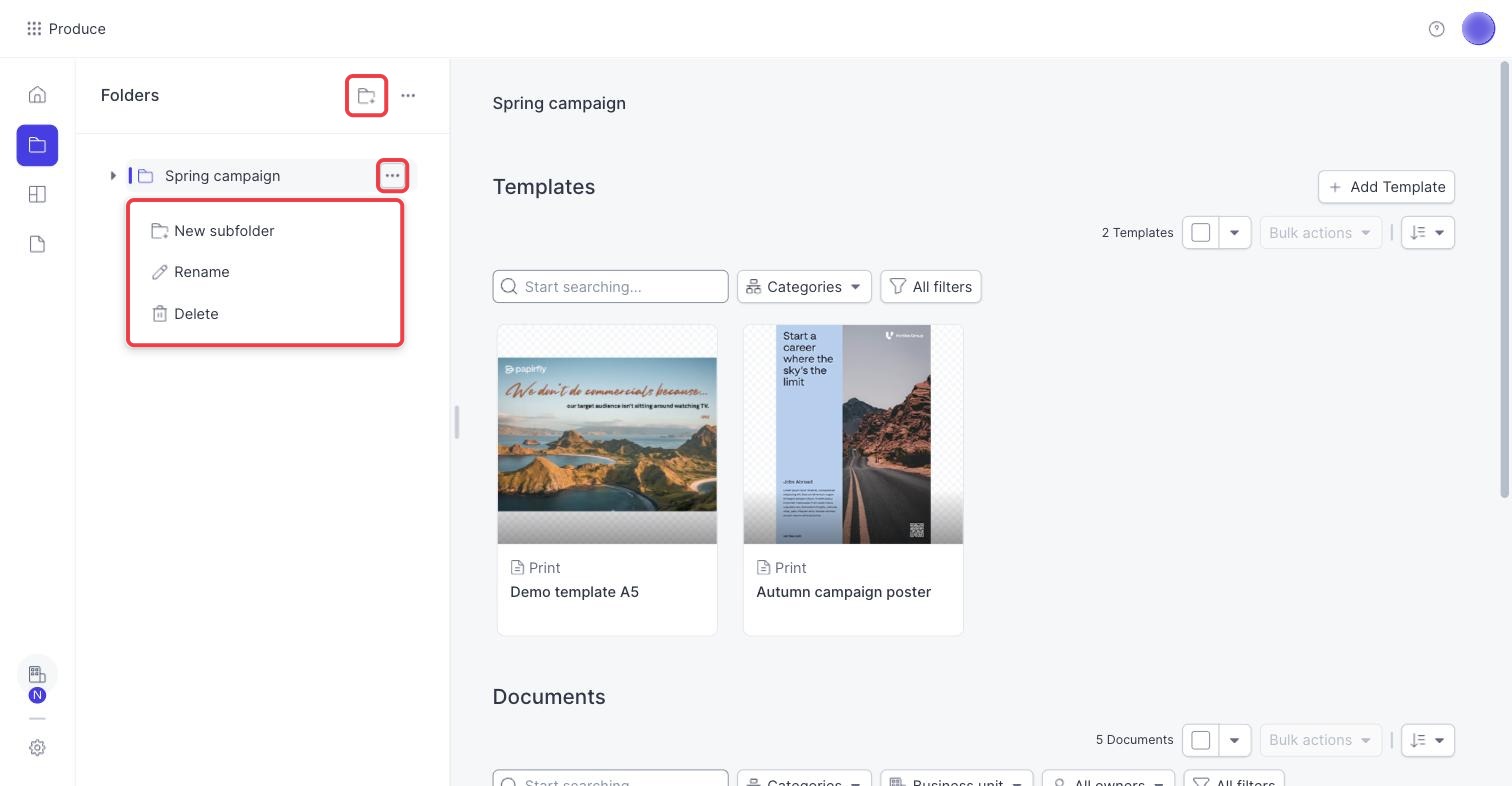 The New folder icon and the menu of a folder in the Folders panel