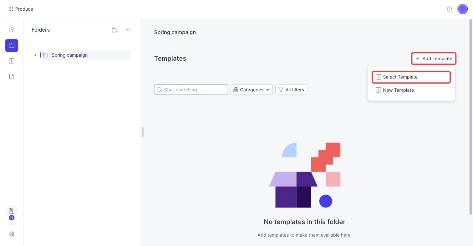 The Add Template menu in a folder, with Select Template