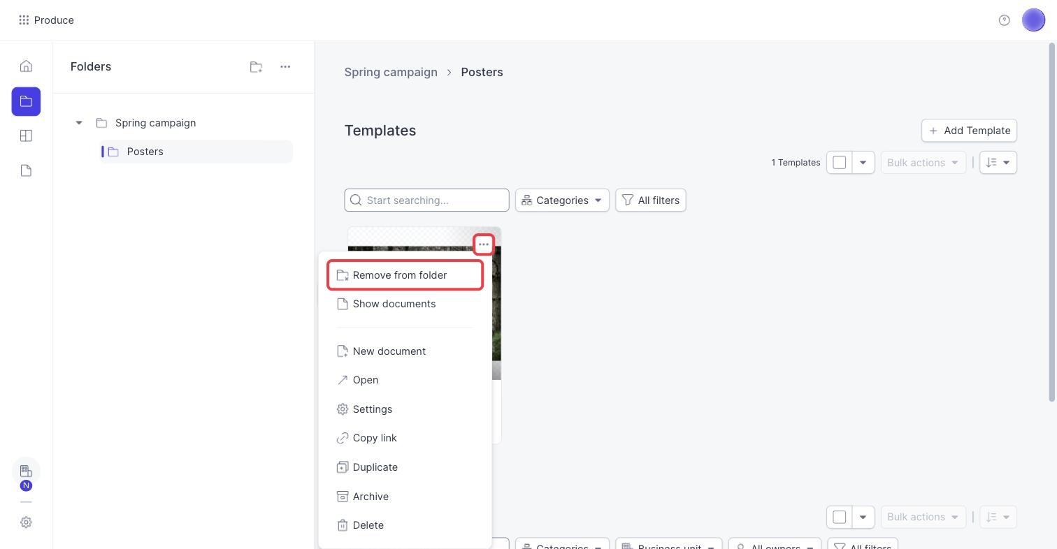Remove from folder in the menu of a template card inside a folder