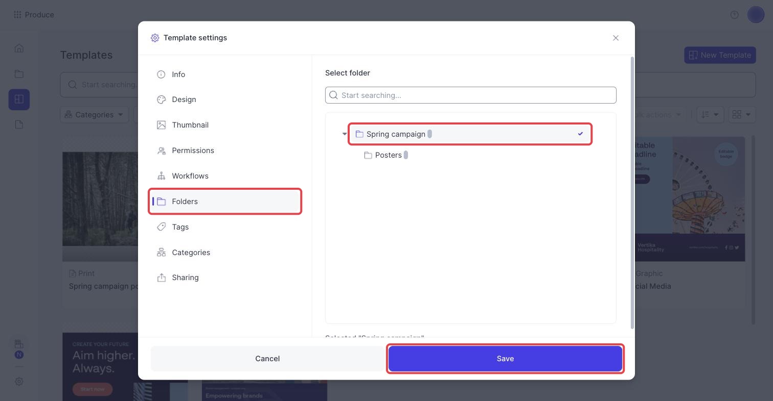 The Folders tab in the template settings, with a folder selected
