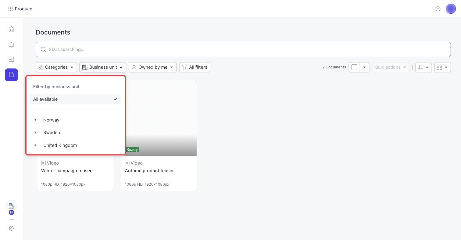 The Business unit filter open on the Documents page