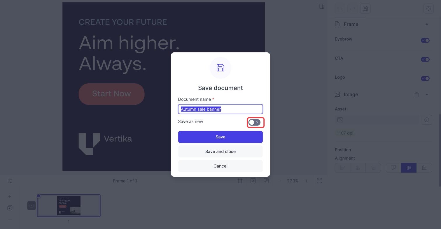 The Save document dialog for an existing document, with the Save as new switch