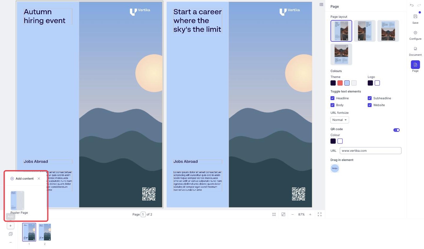 The Add content panel listing the pages you can add