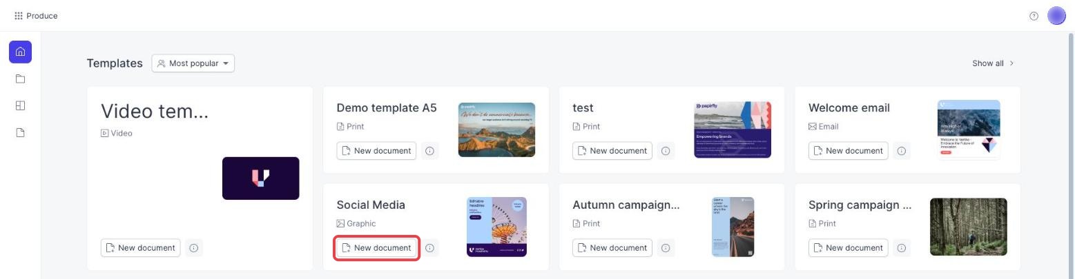 The Produce Home page, with the New document button on a template