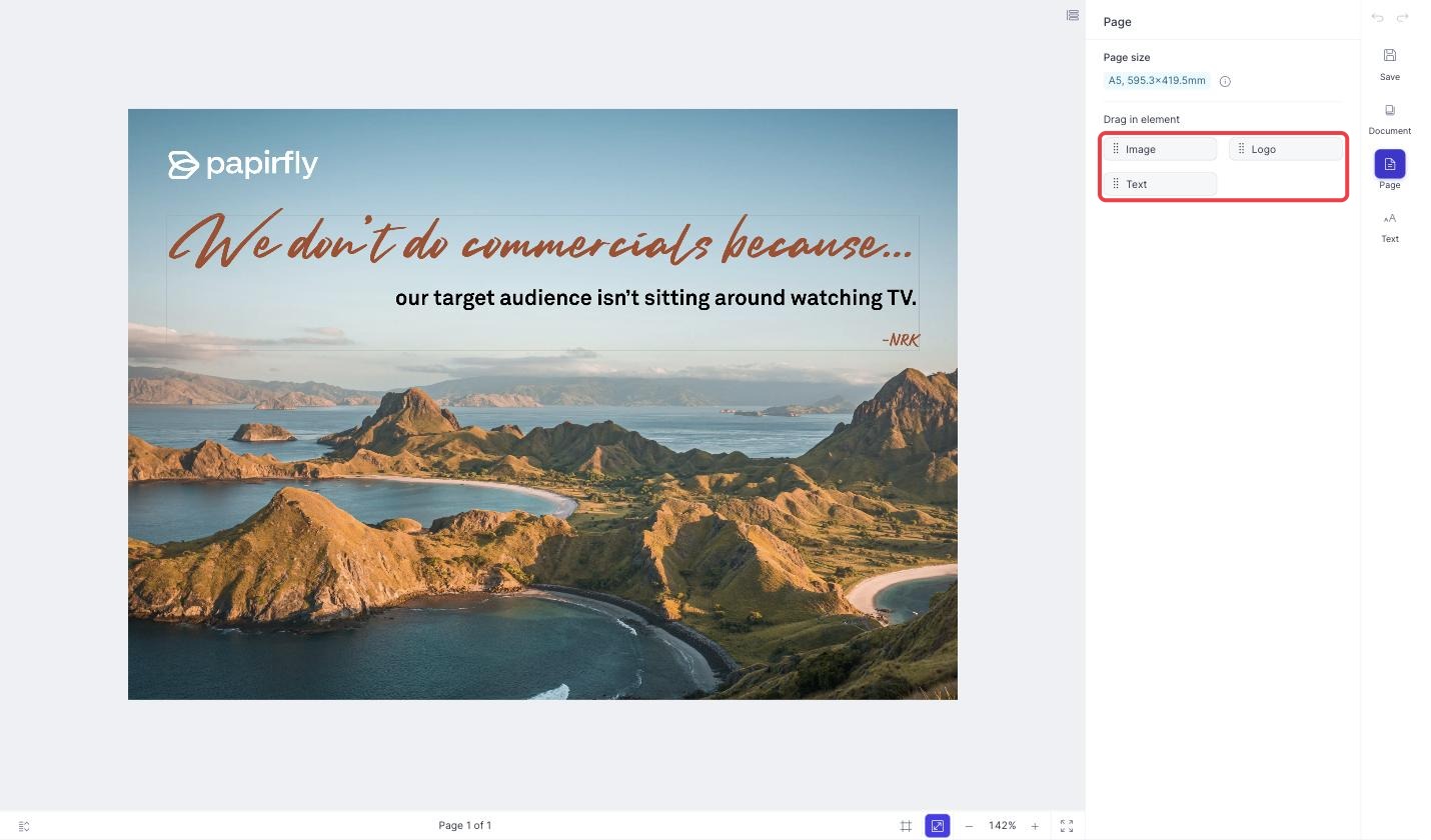 The Drag in element section on the Page tab, with the Image, Logo and Text elements