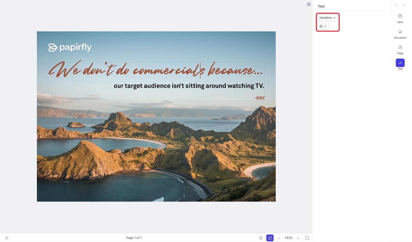 The Text panel with the text style and alignment options