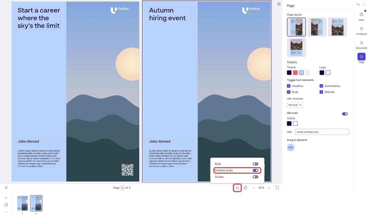 The grid icon menu with Editable areas switched on, and the editable areas outlined on the pages