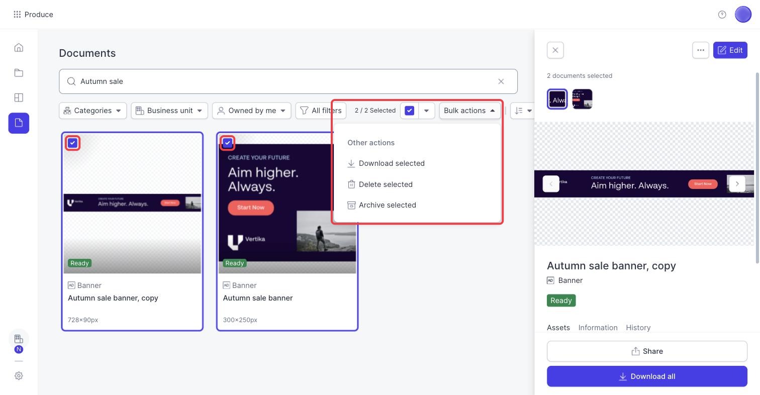 Two documents selected, with the Bulk actions menu open