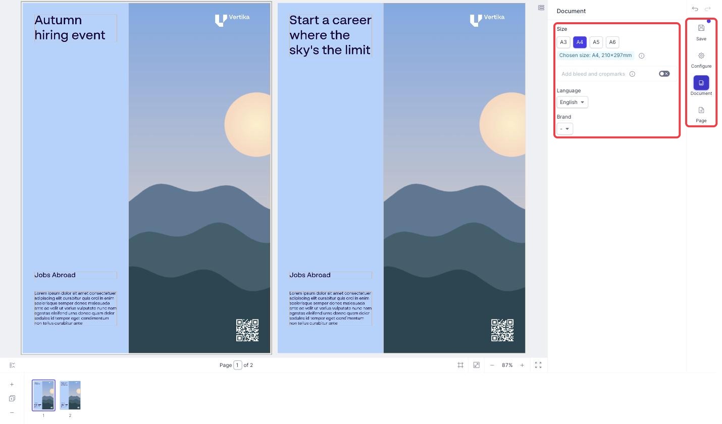 The Document panel and the right-hand menu icons in the Produce editor