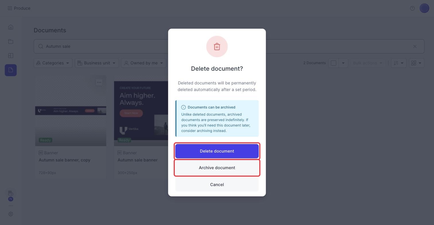 The Delete document confirmation, with Delete document and Archive document