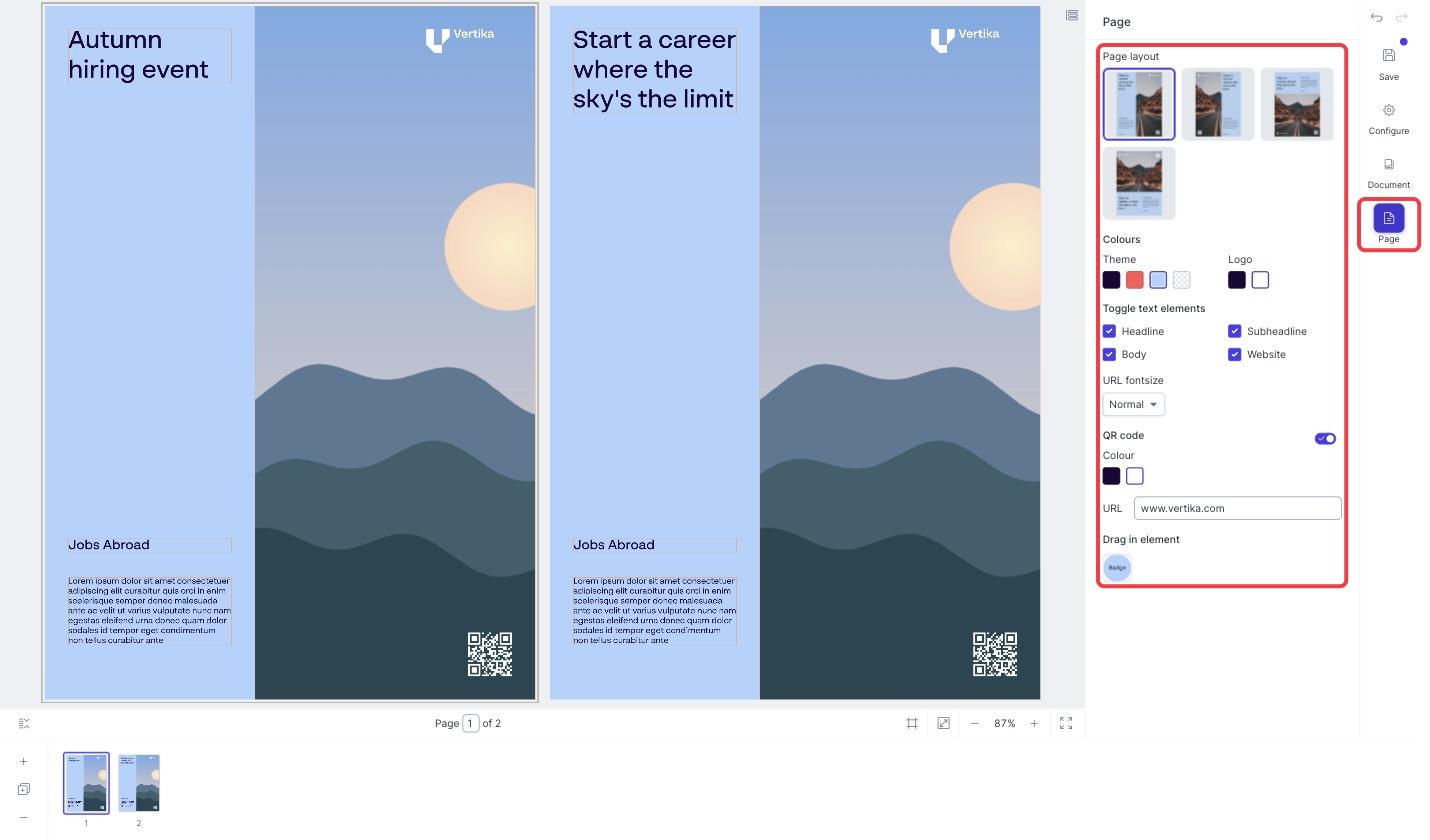 The Page tab and its panel in the Produce editor
