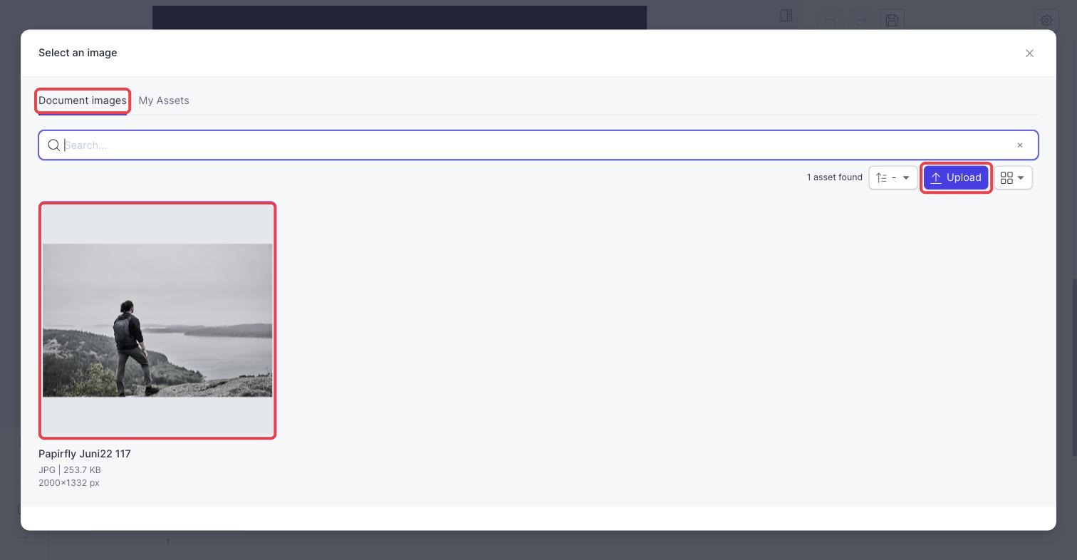 The Select an image window, with the Document images tab, the Upload button and an uploaded image