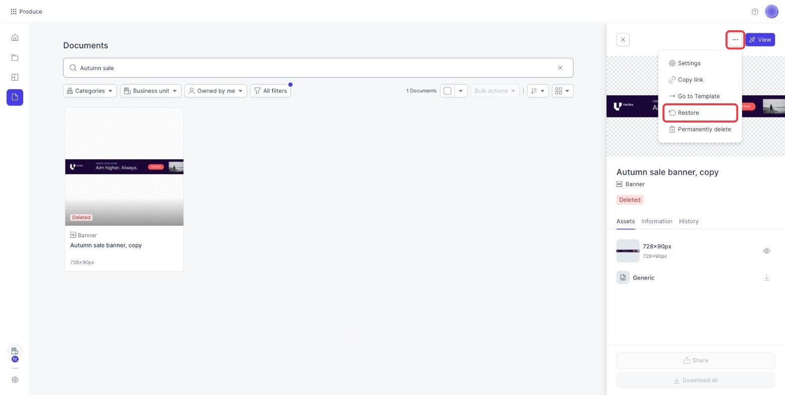 The three dots menu of a deleted document, with the Restore option