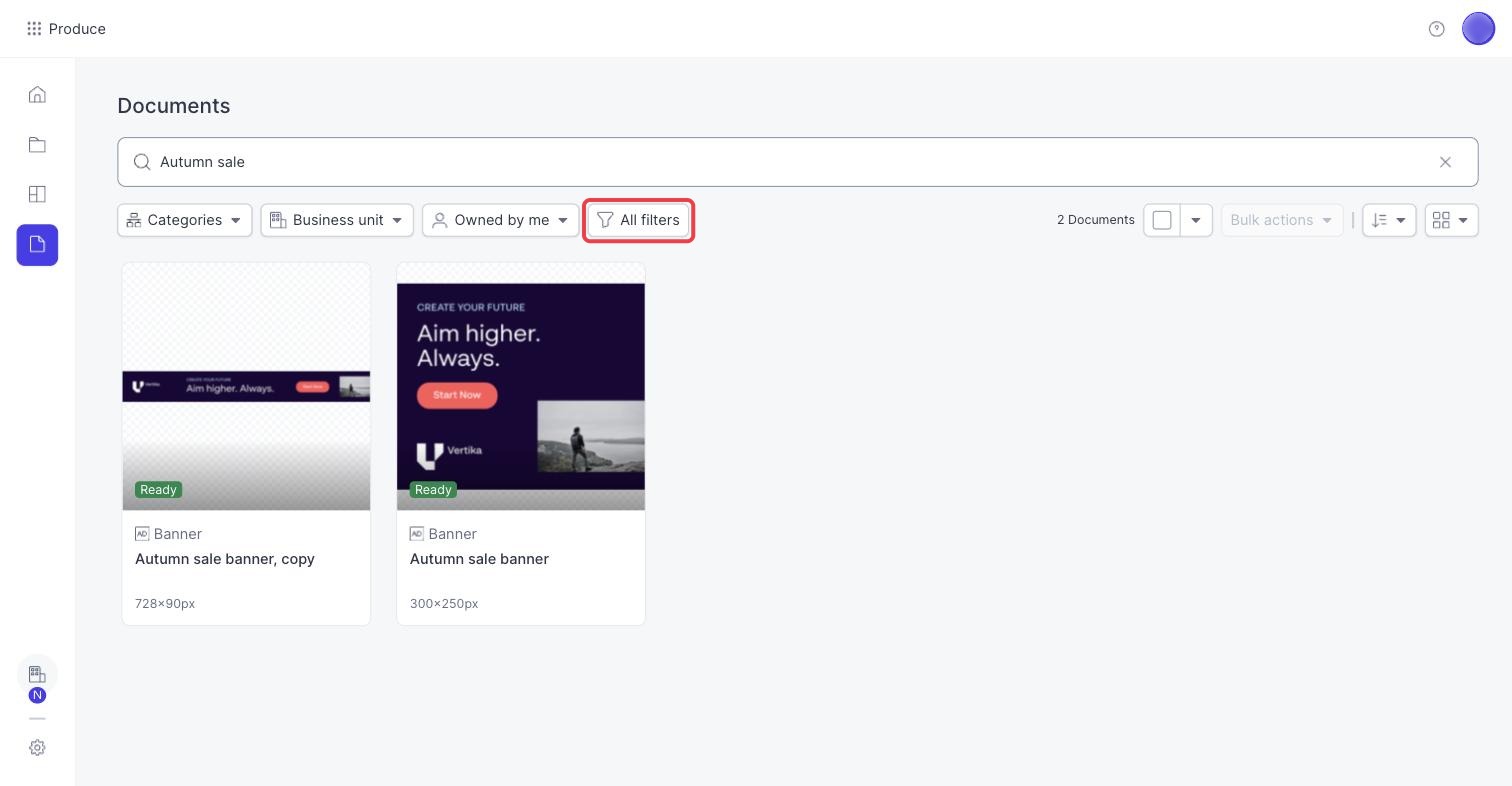 The Documents page, with the All filters button