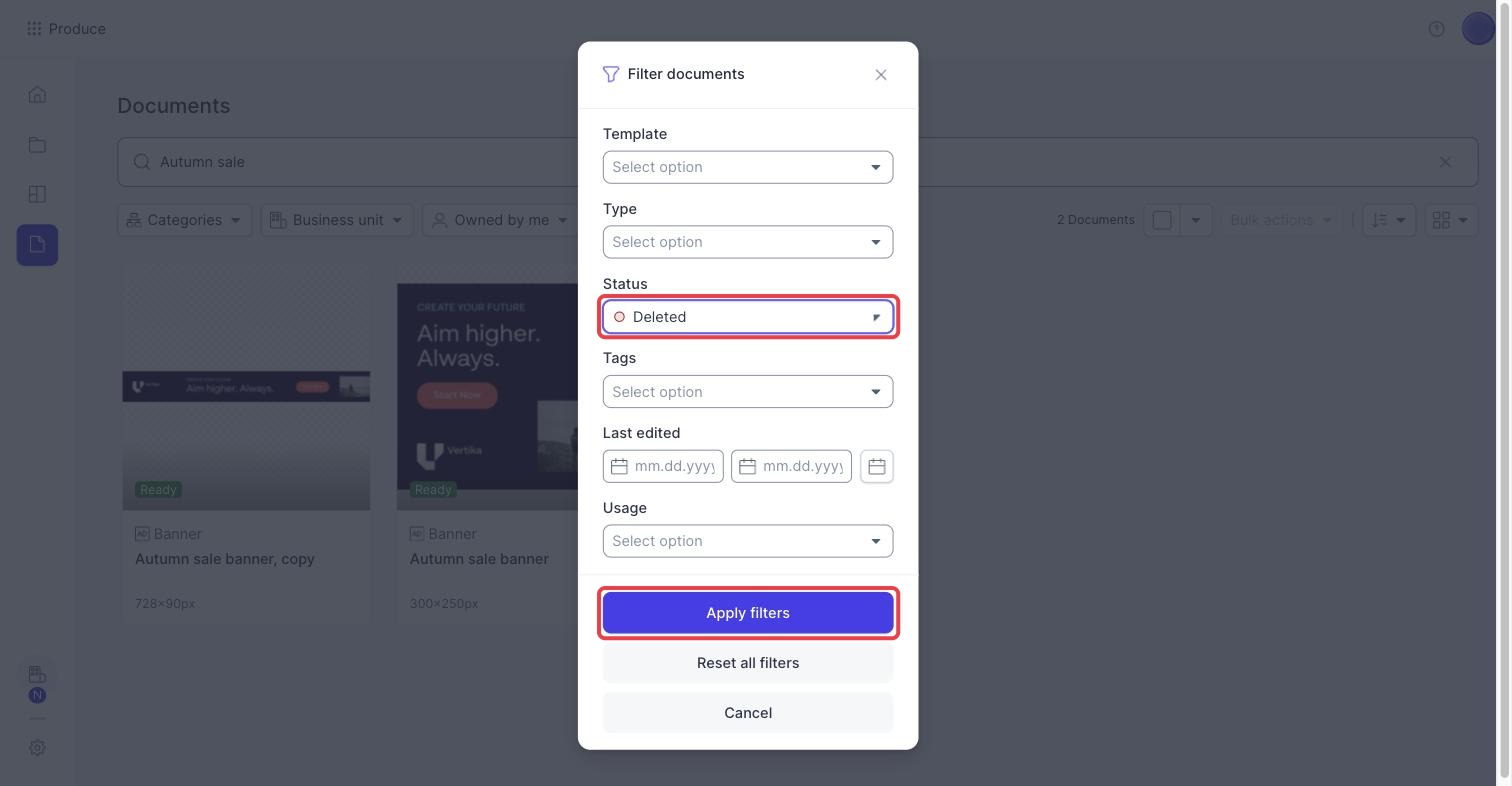 The Filter documents dialog with Status set to Deleted