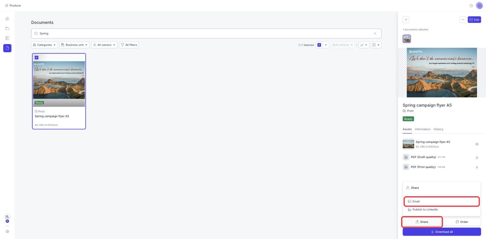The Share menu of a document, with Share and Email outlined