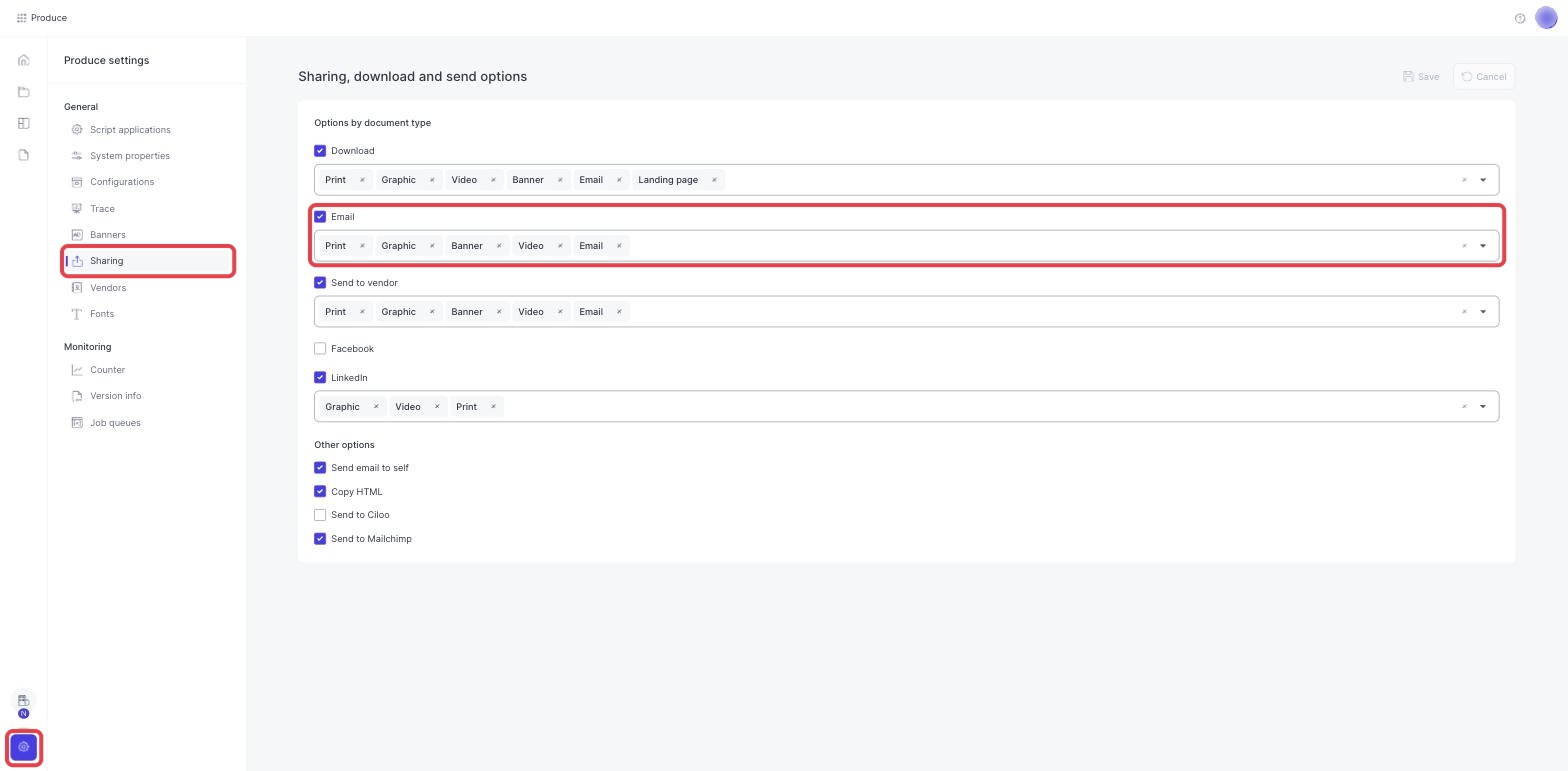 The Sharing settings page with the settings icon, Sharing and the Email option outlined