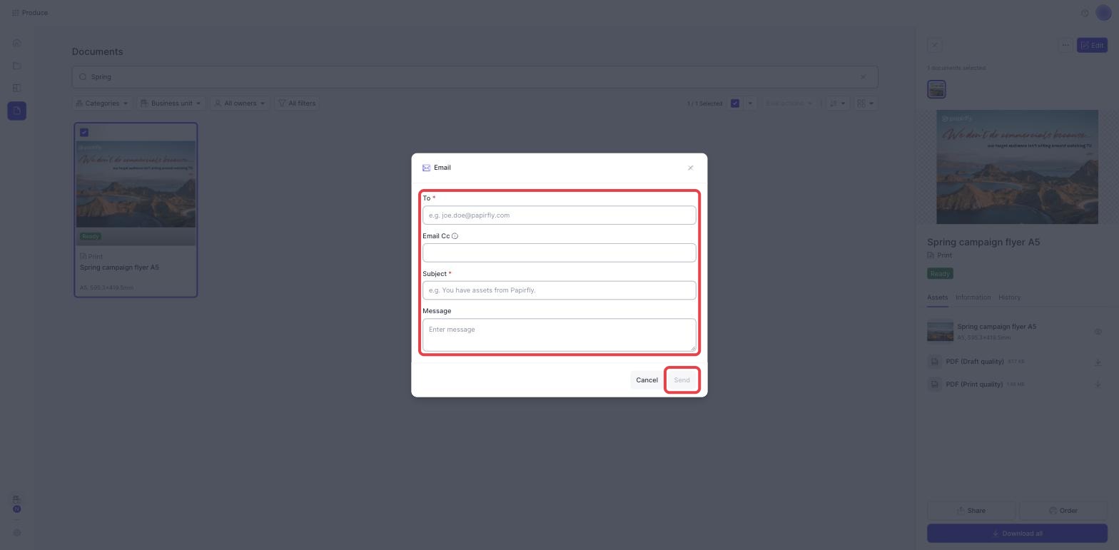 The Email form with the fields and the Send button outlined