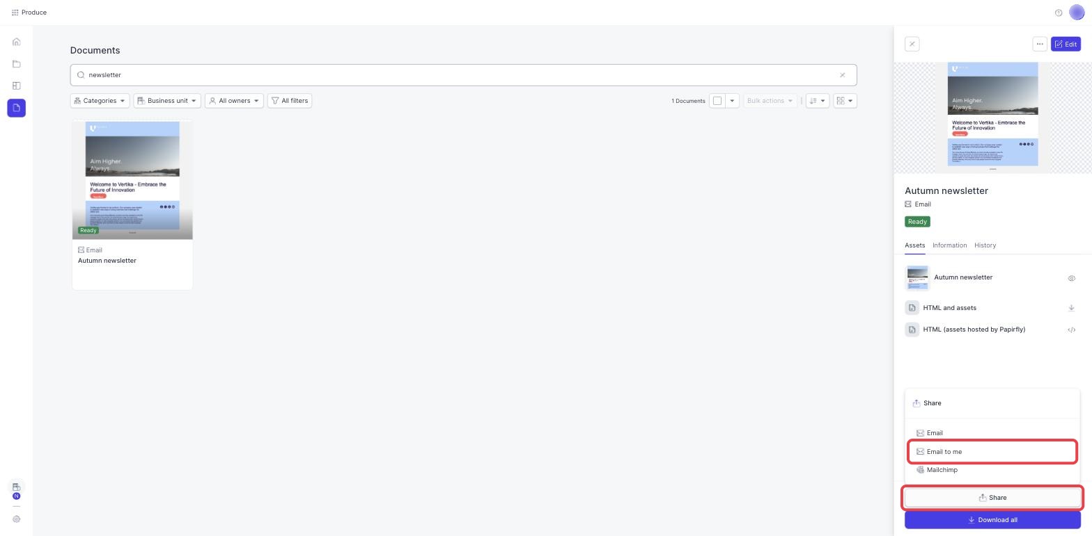In the Share menu of an email document, Email to me is highlighted