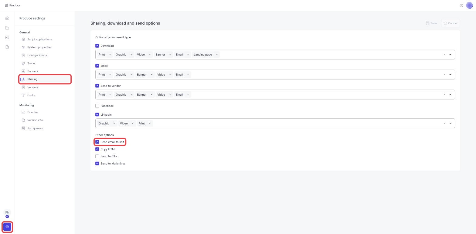 The Sharing page in Produce settings with Send email to self ticked