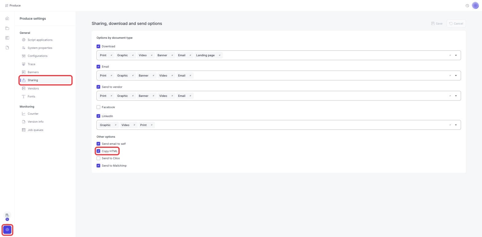 The Sharing page in Produce settings with Copy HTML ticked