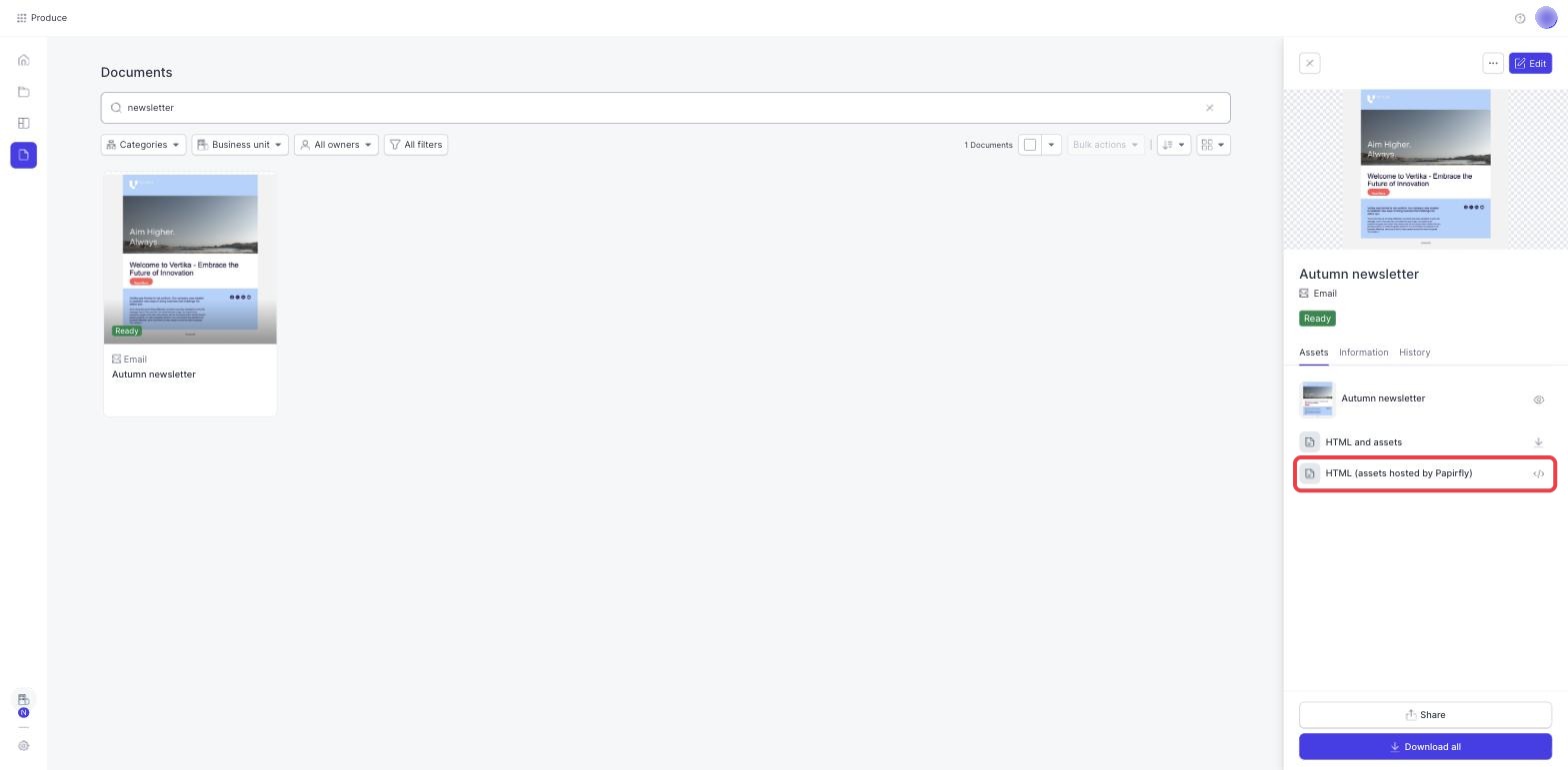The Assets list of an email document with the HTML row highlighted