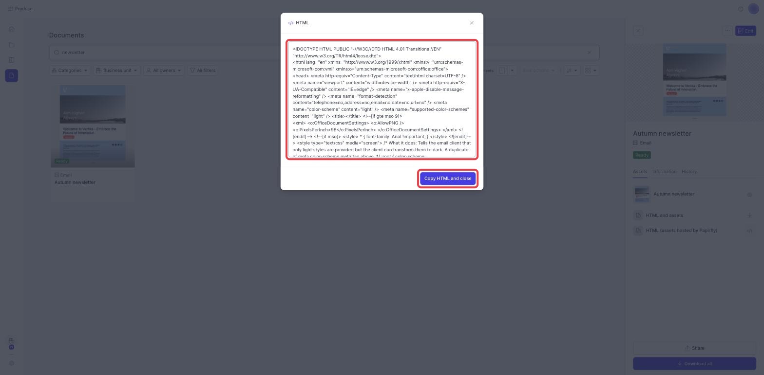 The HTML dialog with the code box and the Copy HTML and close button