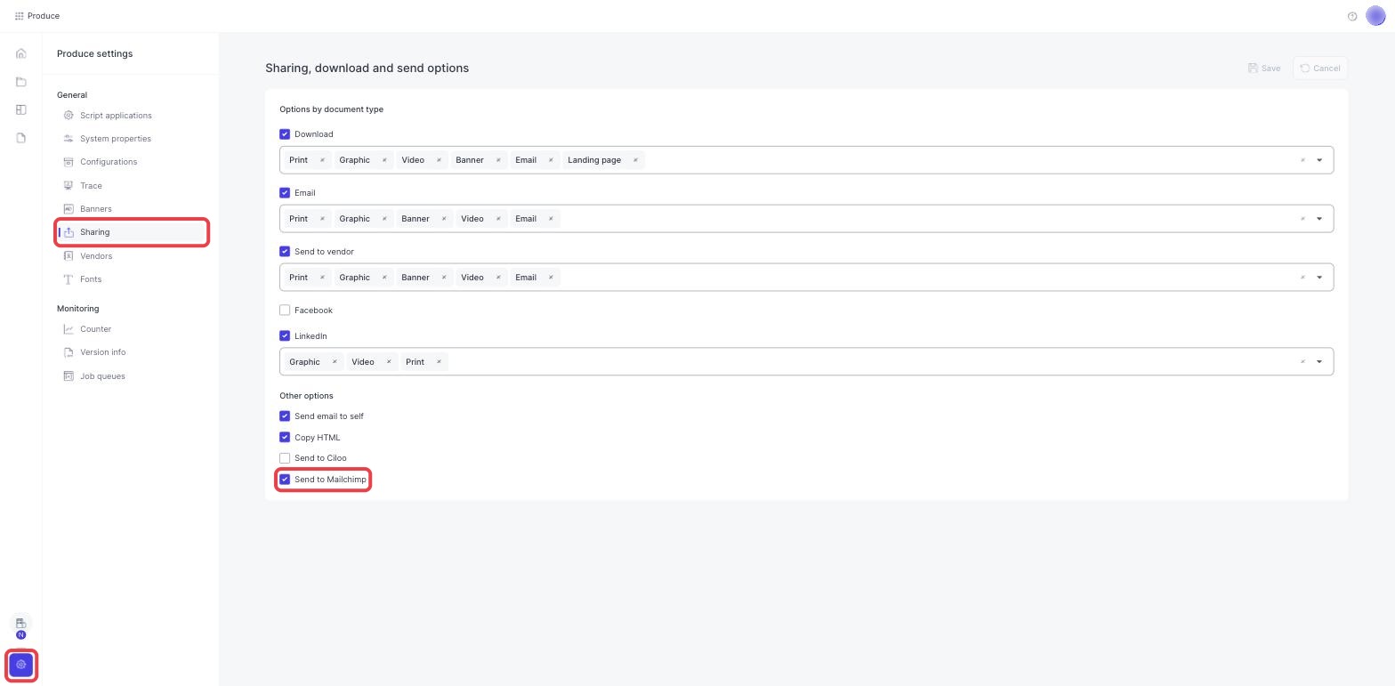 The Sharing page in Produce settings with Send to Mailchimp ticked