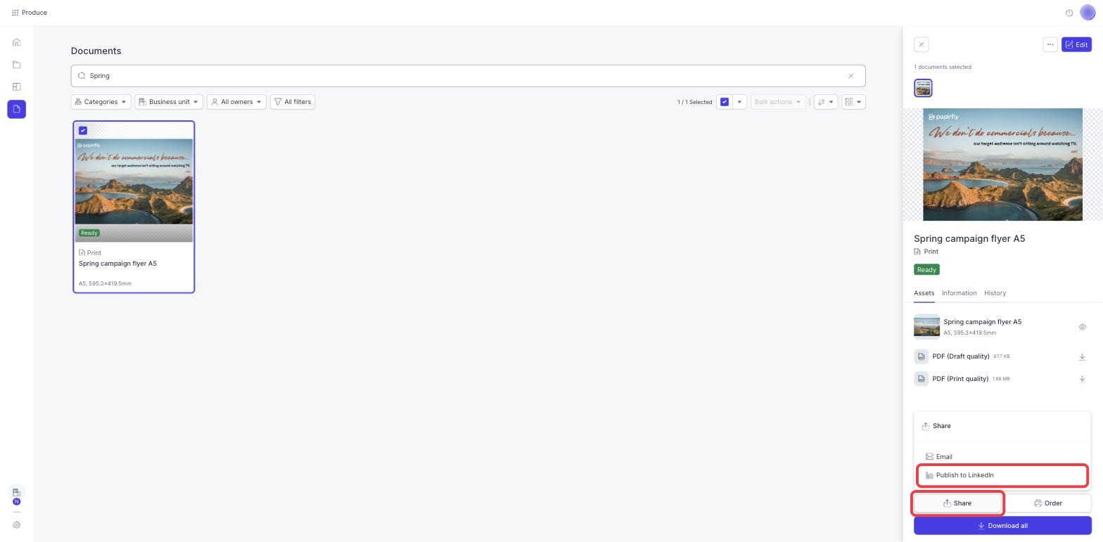In the Share menu of a document, Publish to LinkedIn is highlighted