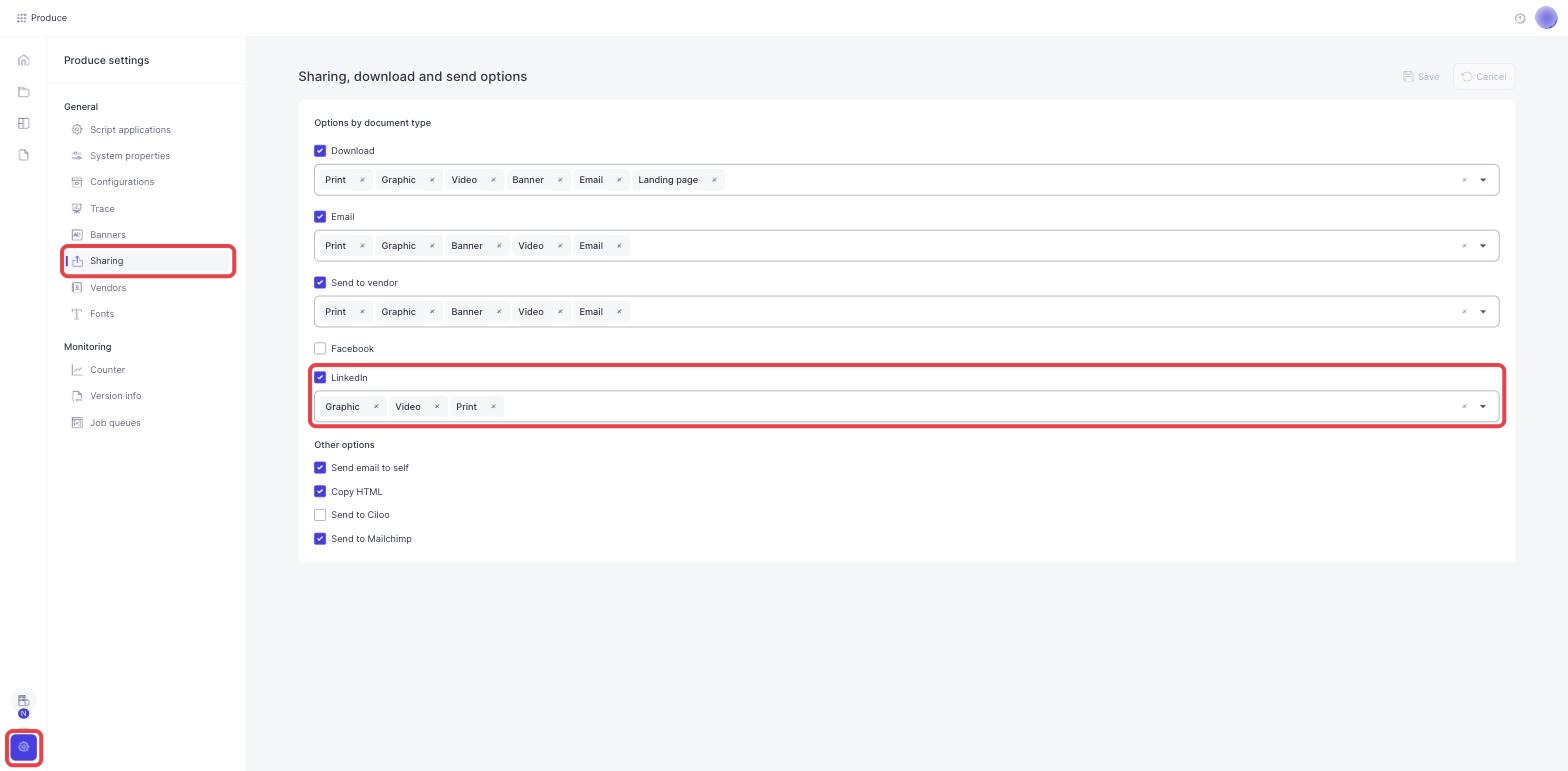 The Sharing page in Produce settings with LinkedIn ticked
