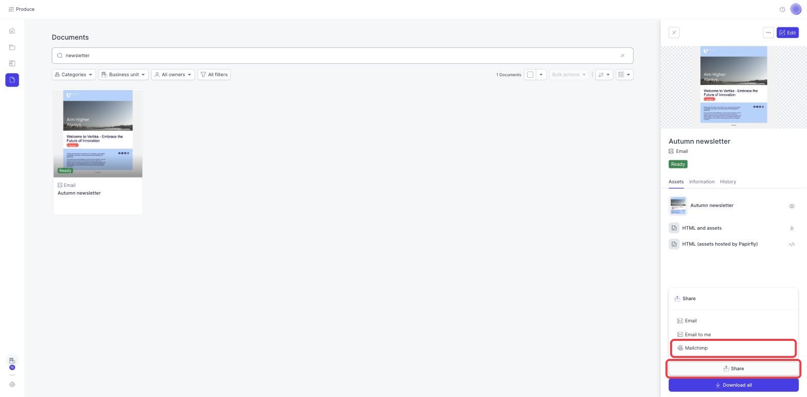 In the Share menu of an email document, Mailchimp is highlighted
