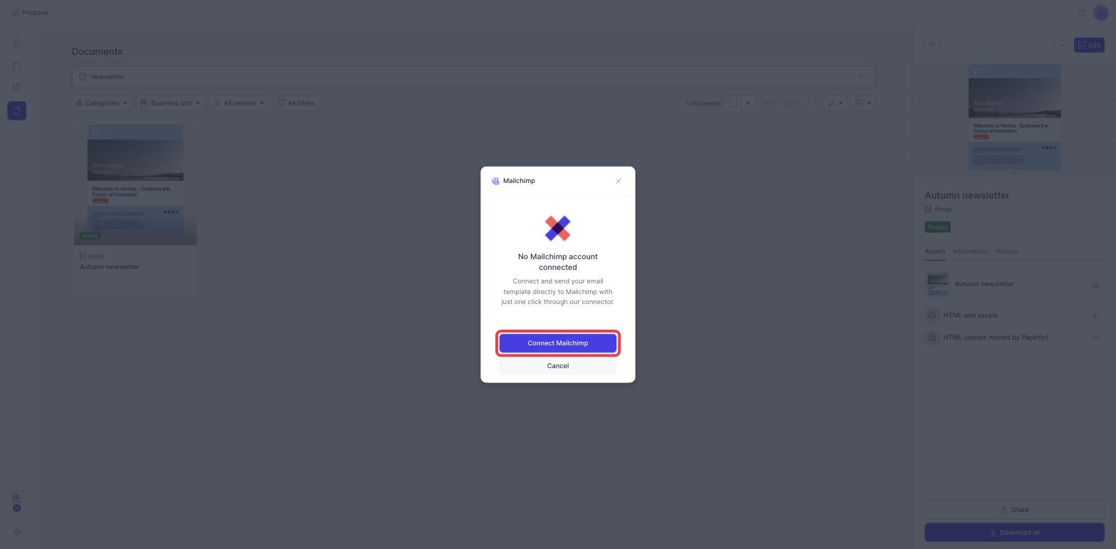 The Mailchimp dialog with the Connect Mailchimp button