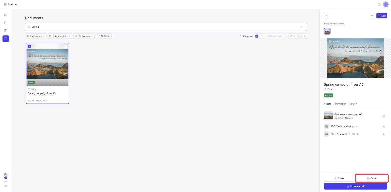 The document panel with the Order button highlighted