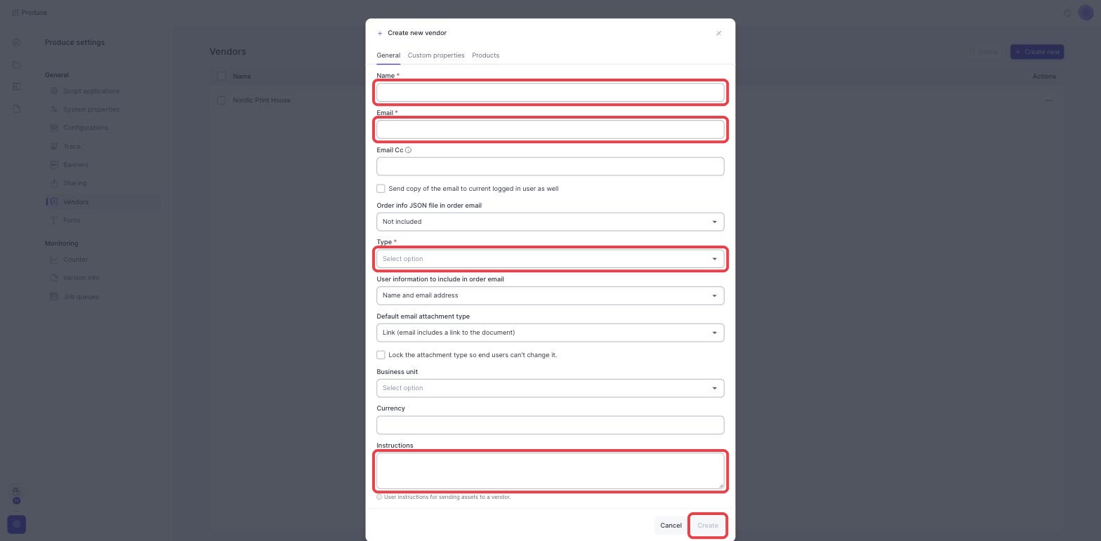 The Create new vendor dialog with Name, Email, Type, Instructions and Create highlighted