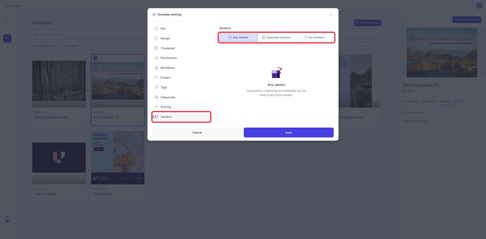 Template settings with Vendors and the three vendor choices highlighted