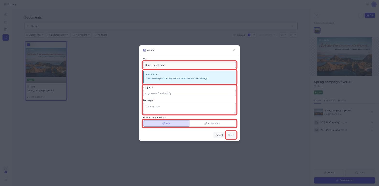 The Vendor dialog with the To, Instructions, Subject, Message, Provide document as and Send areas highlighted