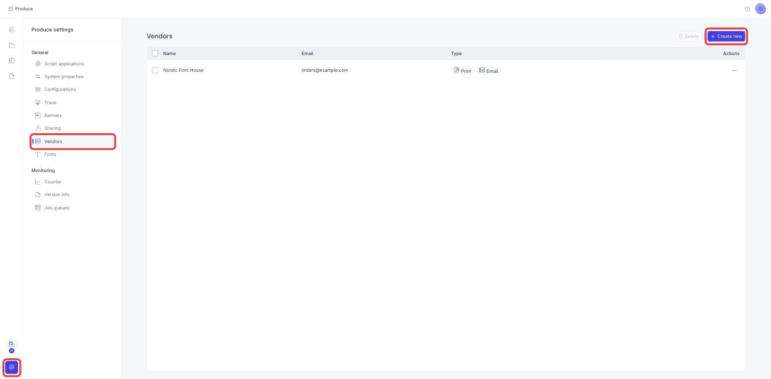 Produce settings with the gear, Vendors and Create new highlighted